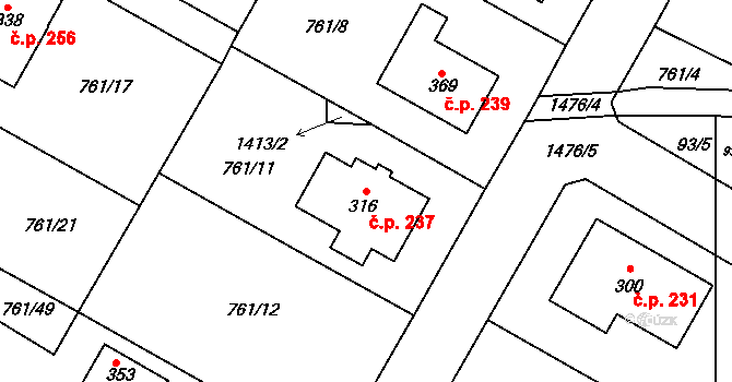 Jiřice 237 na parcele st. 316 v KÚ Jiřice u Humpolce, Katastrální mapa