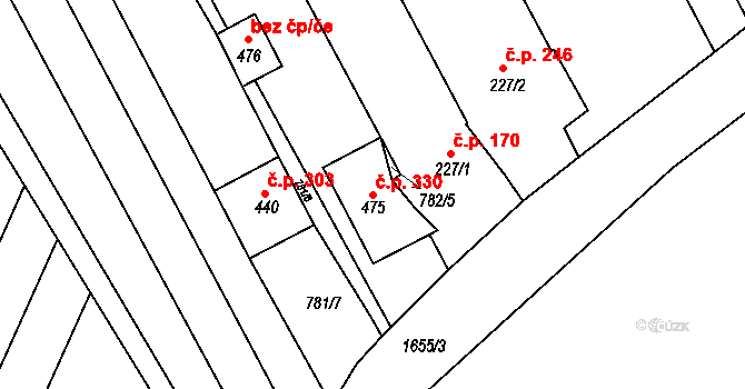 Hostěrádky-Rešov 330 na parcele st. 475 v KÚ Hostěrádky, Katastrální mapa