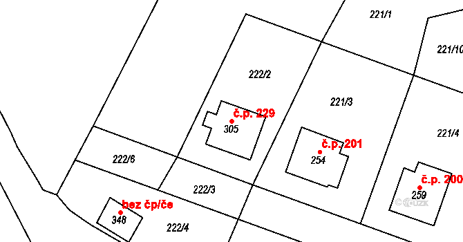 Mlázovice 229 na parcele st. 305 v KÚ Mlázovice, Katastrální mapa