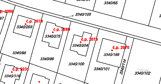 České Budějovice 7 2076, České Budějovice na parcele st. 3340/204 v KÚ České Budějovice 7, Katastrální mapa