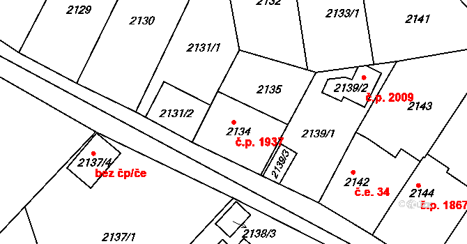 Trnovany 1937, Teplice na parcele st. 2134 v KÚ Teplice-Trnovany, Katastrální mapa