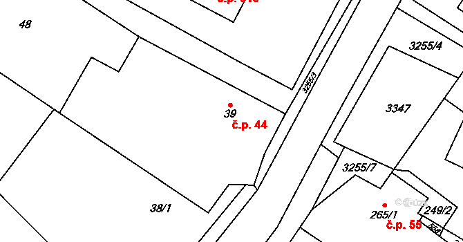 Huzová 44 na parcele st. 39 v KÚ Huzová, Katastrální mapa