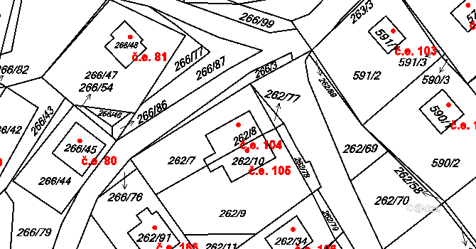 Tušimice 104, Kadaň na parcele st. 262/8 v KÚ Tušimice, Katastrální mapa