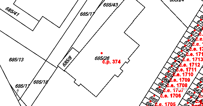 Všebořice 374, Ústí nad Labem na parcele st. 685/26 v KÚ Všebořice, Katastrální mapa