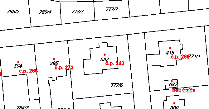 Louky 343, Zlín na parcele st. 532 v KÚ Louky nad Dřevnicí, Katastrální mapa