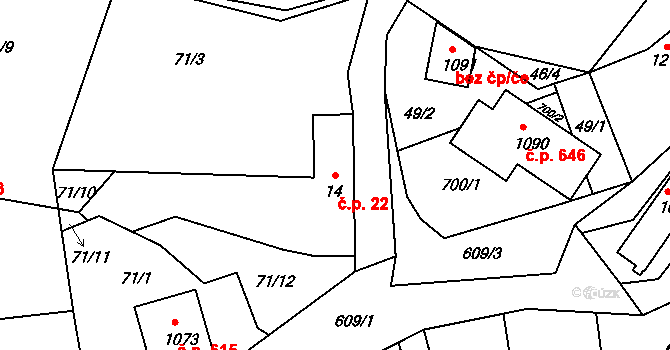 Mladcová 22, Zlín na parcele st. 14 v KÚ Mladcová, Katastrální mapa