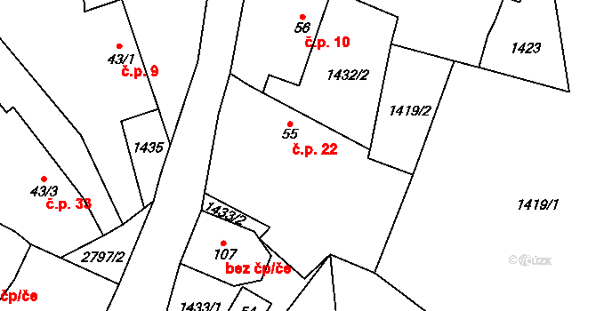 Dmýštice 22, Milevsko na parcele st. 55 v KÚ Dmýštice, Katastrální mapa