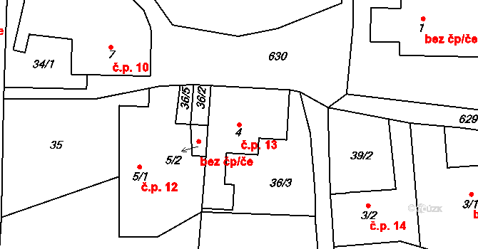 Heřmanice 13 na parcele st. 4 v KÚ Heřmanice nad Labem, Katastrální mapa