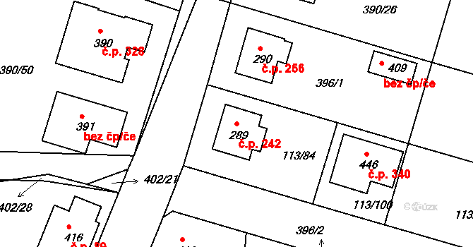 Břehy 242 na parcele st. 289 v KÚ Břehy, Katastrální mapa