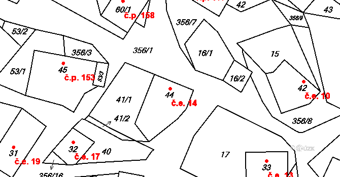 Bušín 14 na parcele st. 44 v KÚ Hartíkov, Katastrální mapa