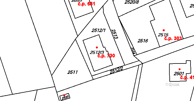 Jaktař 730, Opava na parcele st. 2512/3 v KÚ Jaktař, Katastrální mapa