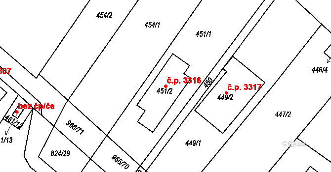 Milovice 3316 na parcele st. 451/2 v KÚ Milovice nad Labem, Katastrální mapa