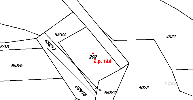 Pěčín 144 na parcele st. 202 v KÚ Pěčín u Rychnova nad Kněžnou, Katastrální mapa
