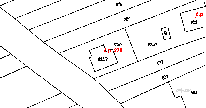Milešovice 270 na parcele st. 625/3 v KÚ Milešovice, Katastrální mapa