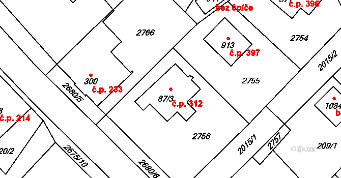 Mladé Buky 312 na parcele st. 87/3 v KÚ Mladé Buky, Katastrální mapa