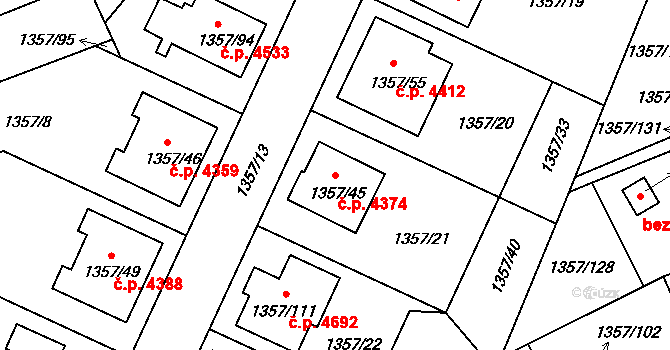 Mšeno nad Nisou 4374, Jablonec nad Nisou na parcele st. 1357/45 v KÚ Mšeno nad Nisou, Katastrální mapa
