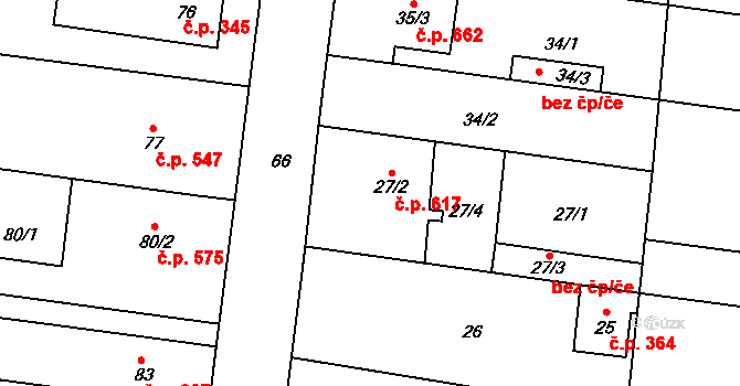 Rajhrad 617 na parcele st. 27/2 v KÚ Rajhrad, Katastrální mapa