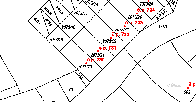 Šardice 731 na parcele st. 2073/21 v KÚ Šardice, Katastrální mapa