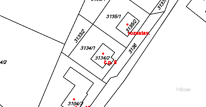 Harrachov 8, Rýmařov na parcele st. 3134/2 v KÚ Rýmařov, Katastrální mapa