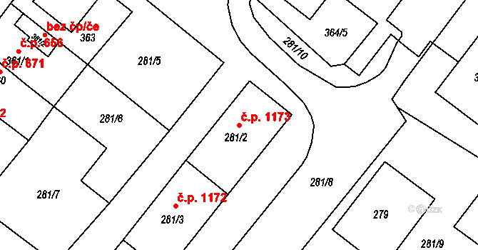 Rýmařov 1173 na parcele st. 281/2 v KÚ Rýmařov, Katastrální mapa