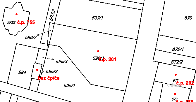 Horní Těrlicko 201, Těrlicko na parcele st. 596/1 v KÚ Horní Těrlicko, Katastrální mapa