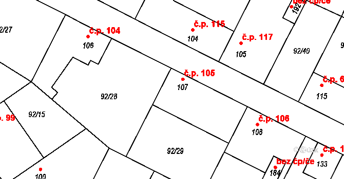 Cerhýnky 105, Cerhenice na parcele st. 107 v KÚ Cerhýnky, Katastrální mapa