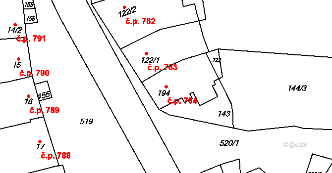 Loučany 764 na parcele st. 194 v KÚ Loučany na Hané, Katastrální mapa