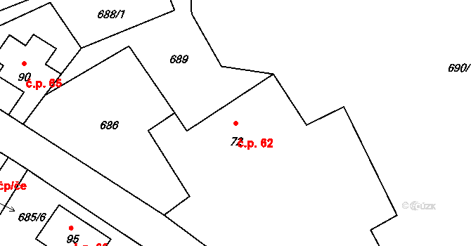 Touchořiny 62, Lovečkovice na parcele st. 72 v KÚ Touchořiny, Katastrální mapa