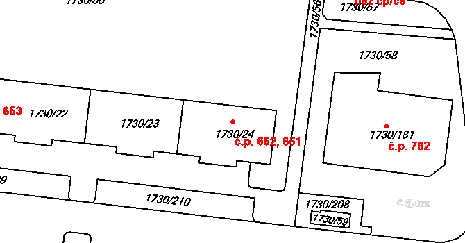 Miřetice u Klášterce nad Ohří 651,652, Klášterec nad Ohří na parcele st. 1730/24 v KÚ Miřetice u Klášterce nad Ohří, Katastrální mapa