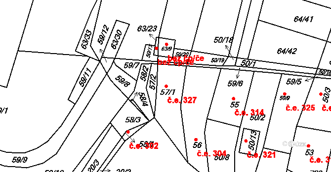 Vidov 327 na parcele st. 57/1 v KÚ Vidov, Katastrální mapa