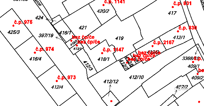 Pelhřimov 1147 na parcele st. 418/1 v KÚ Pelhřimov, Katastrální mapa