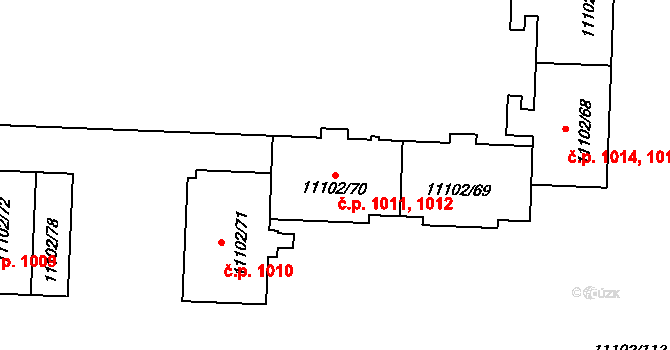 Severní Předměstí 1011,1012, Plzeň na parcele st. 11102/70 v KÚ Plzeň, Katastrální mapa