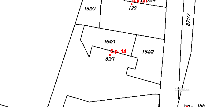 Rabakov 14 na parcele st. 83/1 v KÚ Rabakov, Katastrální mapa