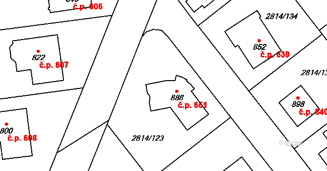Lysice 651 na parcele st. 888 v KÚ Lysice, Katastrální mapa