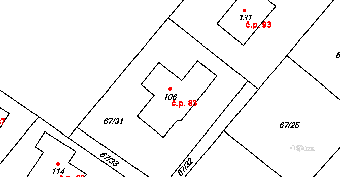 Chmeliště 83, Vavřinec na parcele st. 106 v KÚ Chmeliště, Katastrální mapa
