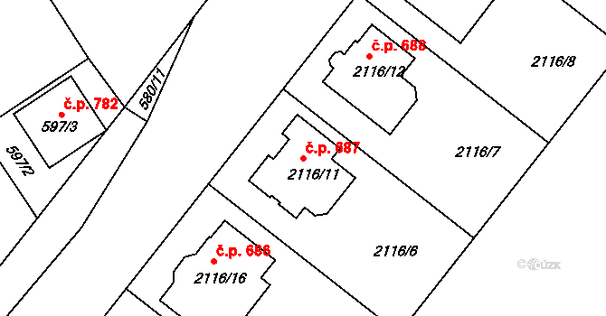 Vacenovice 687 na parcele st. 2116/11 v KÚ Vacenovice u Kyjova, Katastrální mapa