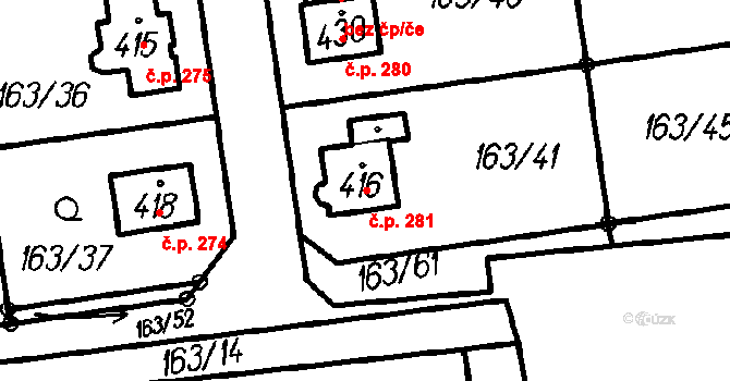 Všechovice 281 na parcele st. 416 v KÚ Všechovice, Katastrální mapa