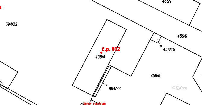 Zruč 602, Zruč-Senec na parcele st. 458/4 v KÚ Zruč, Katastrální mapa