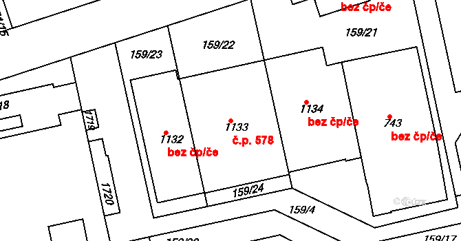 Poříčí 578, Trutnov na parcele st. 1133 v KÚ Poříčí u Trutnova, Katastrální mapa