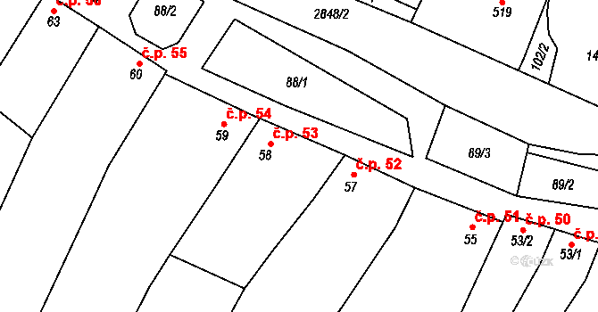 Bystřice pod Lopeníkem 53 na parcele st. 58 v KÚ Bystřice pod Lopeníkem, Katastrální mapa