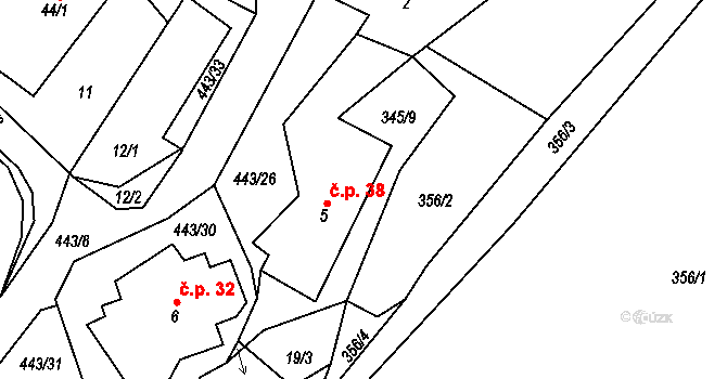 Oldřiš 38, Krouna na parcele st. 5 v KÚ Oldřiš u Hlinska, Katastrální mapa