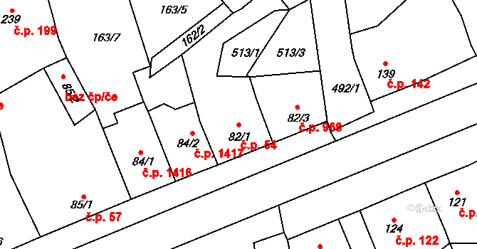 Rudná 54 na parcele st. 82/1 v KÚ Dušníky u Rudné, Katastrální mapa