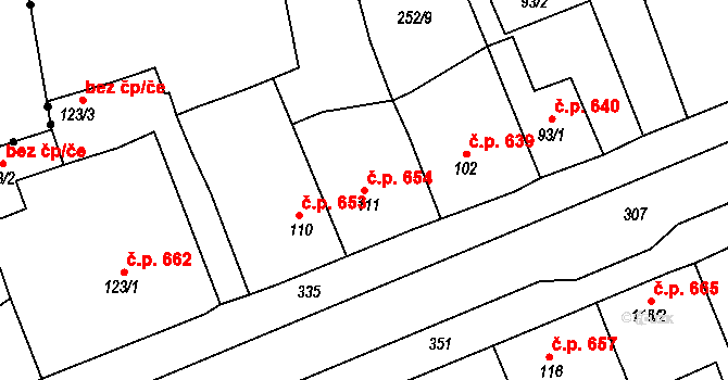 Rudná 654 na parcele st. 111 v KÚ Hořelice, Katastrální mapa