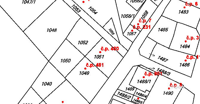 Jedovnice 480 na parcele st. 1051 v KÚ Jedovnice, Katastrální mapa