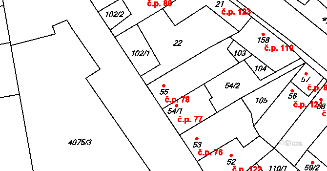 Lenešice 78 na parcele st. 55 v KÚ Lenešice, Katastrální mapa