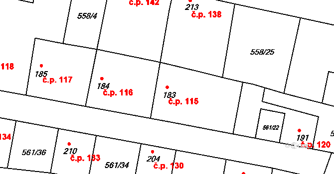 Telce 115, Peruc na parcele st. 183 v KÚ Telce, Katastrální mapa