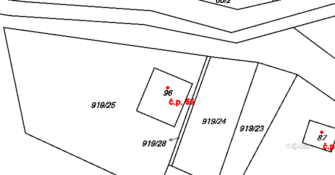 Lhota u Lysic 55 na parcele st. 96 v KÚ Lhota u Lysic, Katastrální mapa