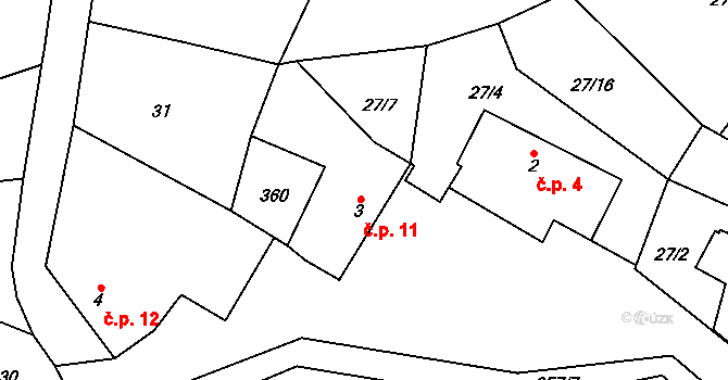 Simtany 11, Pohled na parcele st. 3 v KÚ Simtany, Katastrální mapa