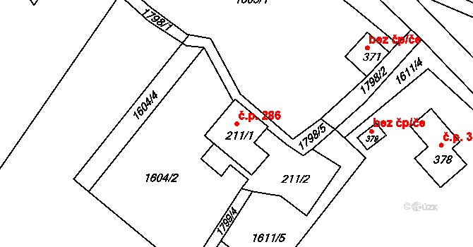 Rudné 286, Vysoká Pec na parcele st. 211/1 v KÚ Rudné, Katastrální mapa