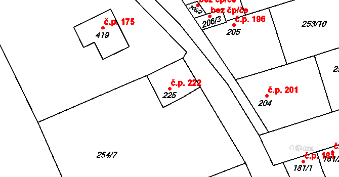Veltruby 222 na parcele st. 225 v KÚ Veltruby, Katastrální mapa